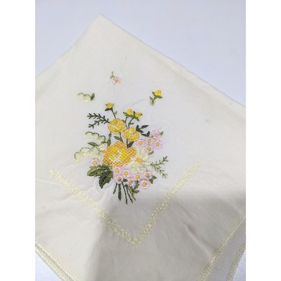 Vintage Embroidered Handkerchief Hanky Yellow Pink White Embroidered Flowers - Picture 2 of 8